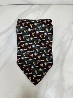Vintage XMI art deco burgundy/teal/gold/cream bold geometric silk necktie